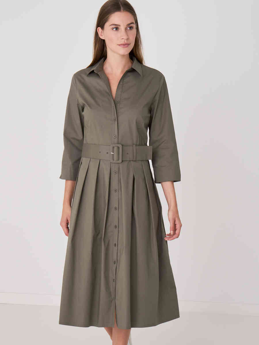 Rigid cotton poplin stretch dress with shirt collar and buttons