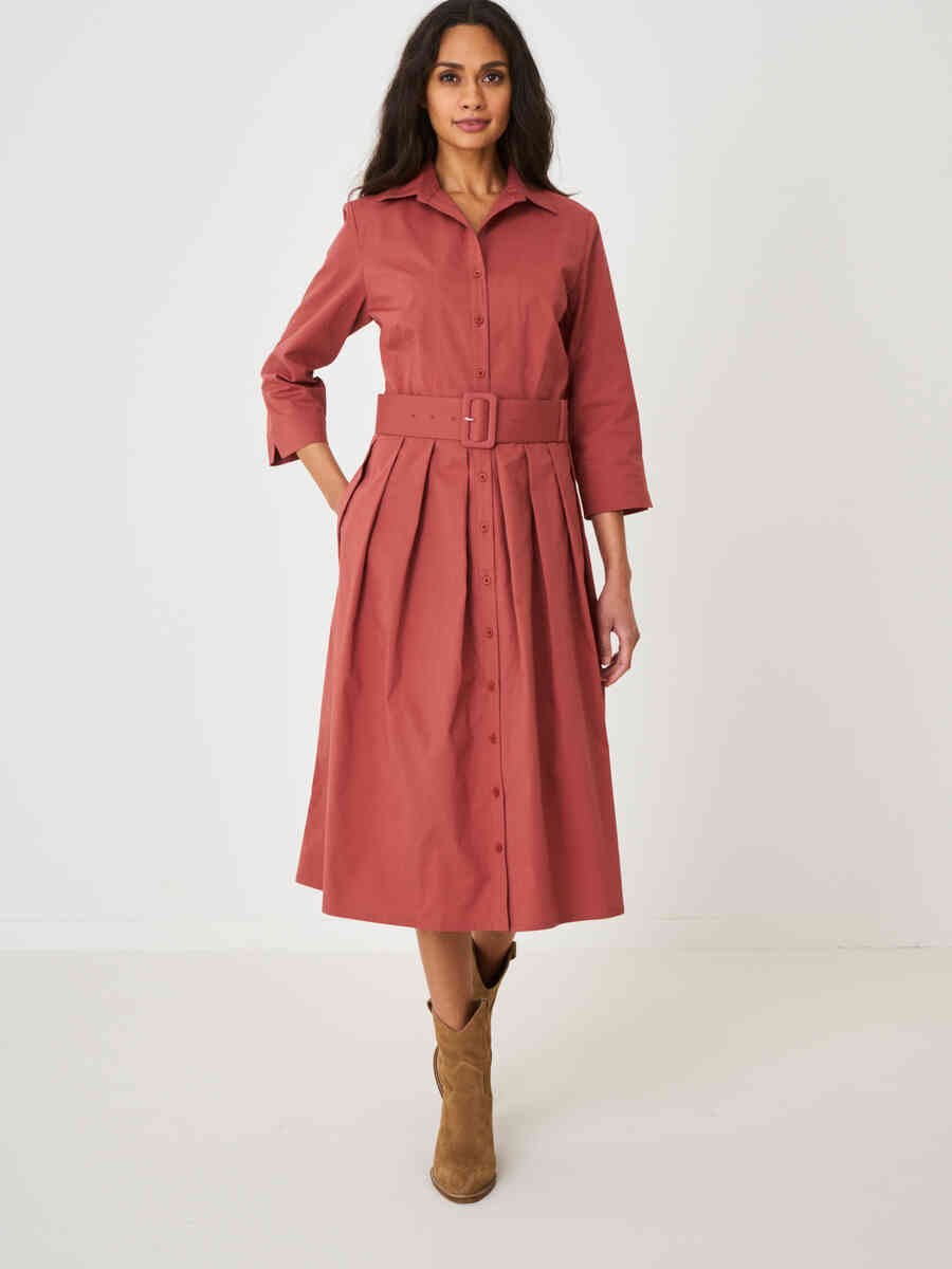 Rigid cotton poplin stretch dress with shirt collar and buttons image number 3