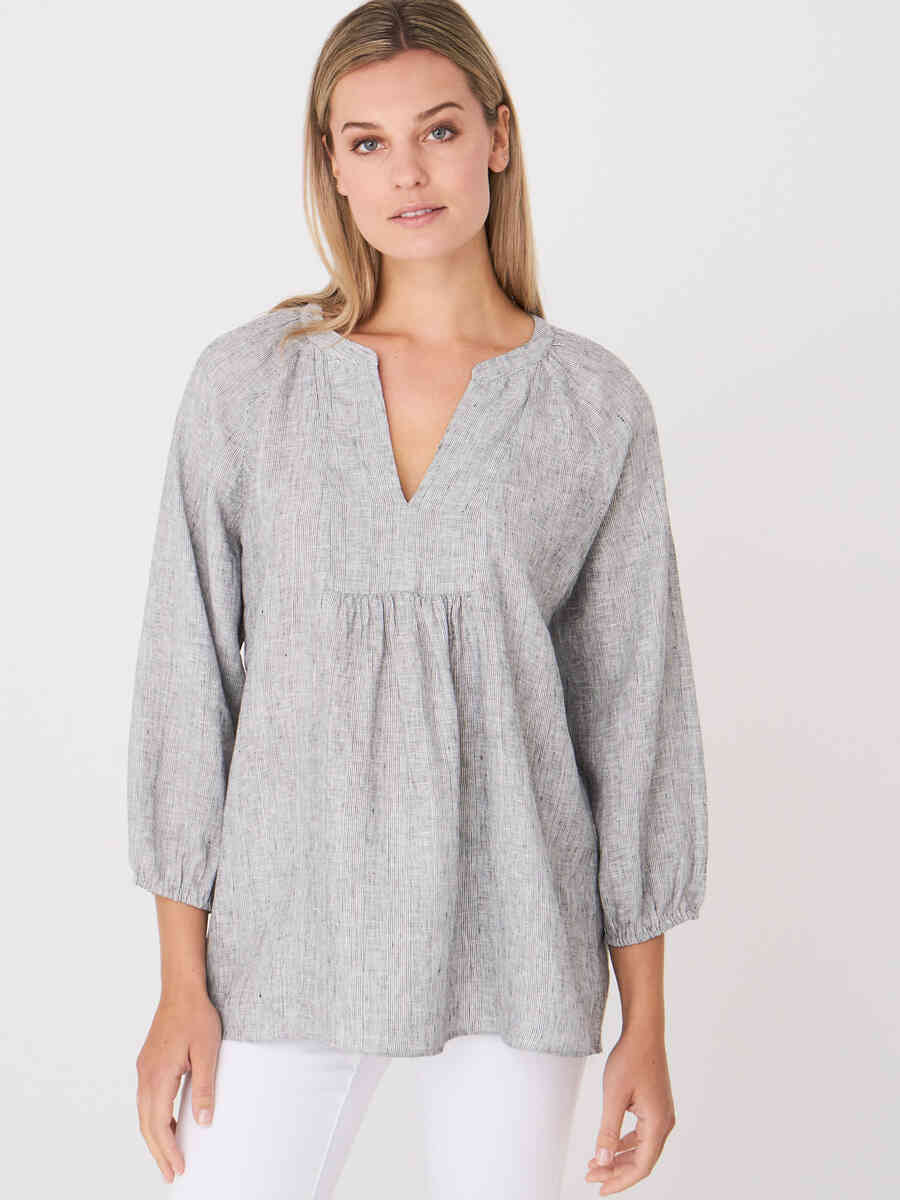 Pure linen loose fit blouse with check pattern