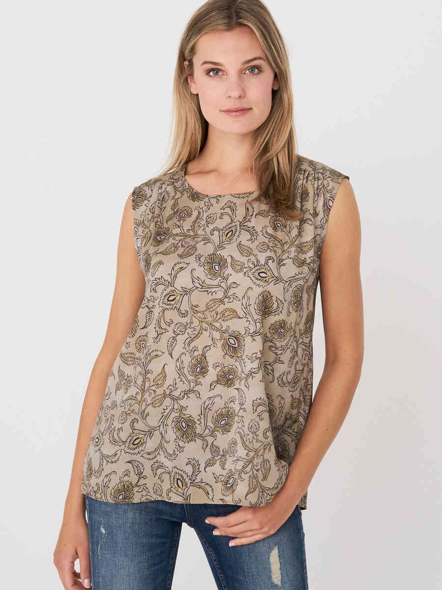 Stretch satin silk top with paisley leaves print