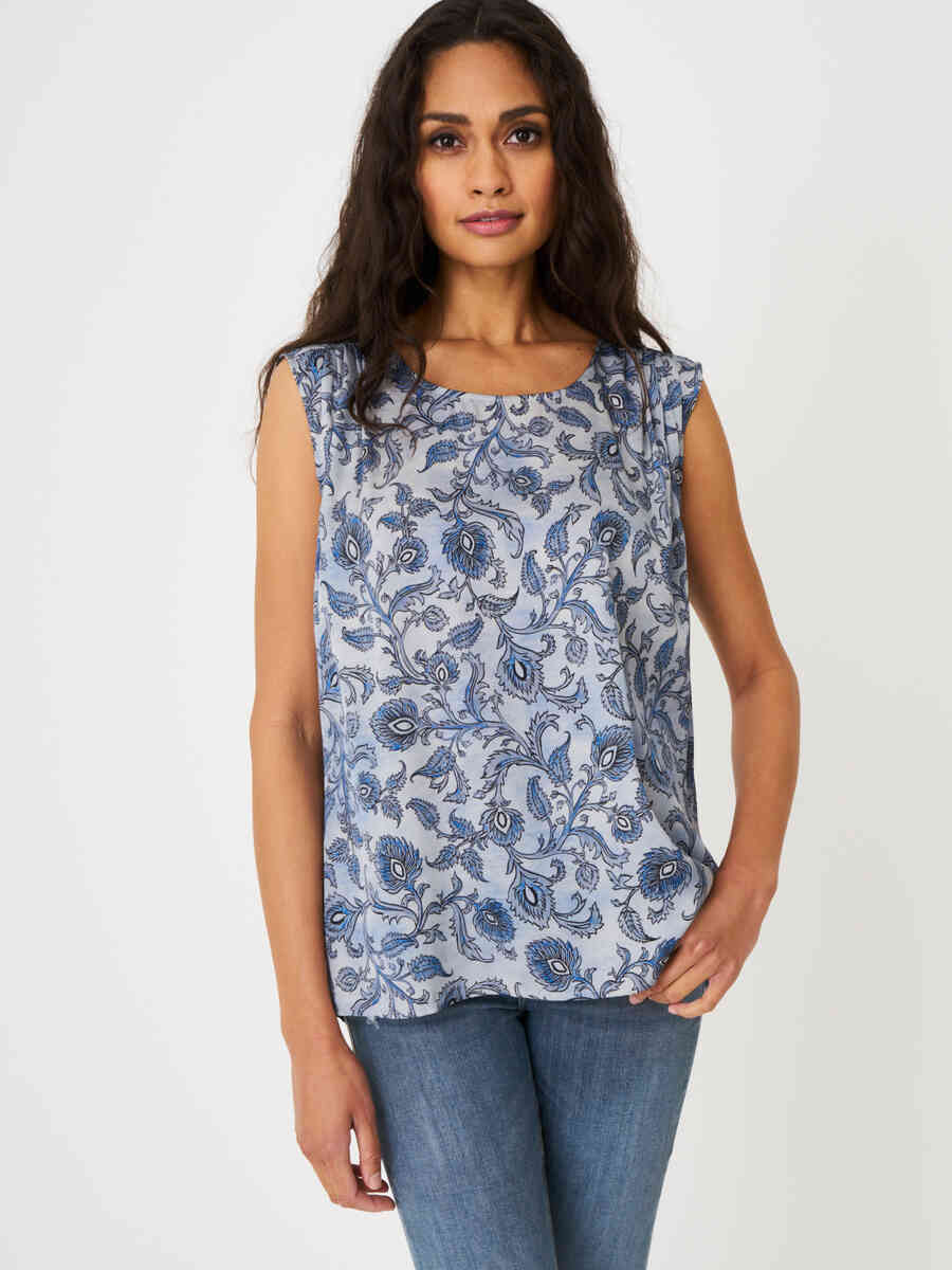 Stretch satin silk top with paisley leaves print