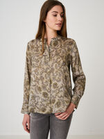 Stretch satin silk blouse in paisley leaves print with mandarin collar and fringed cuffs image number 0