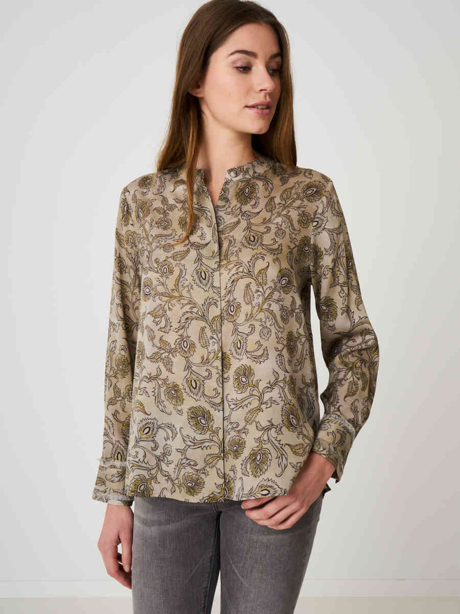 Stretch satin silk blouse in paisley leaves print with mandarin collar and fringed cuffs
