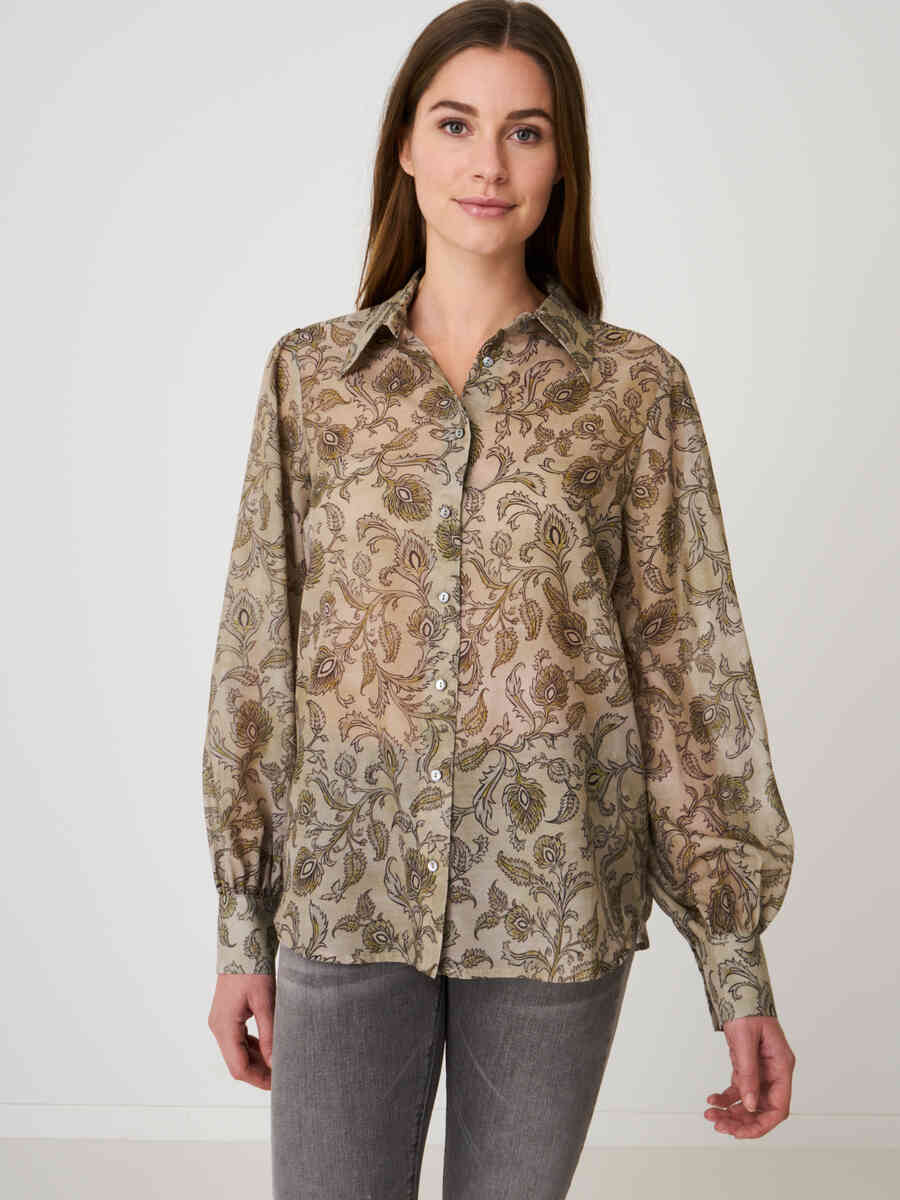 Blouse with long puff sleeves and paisley leaves print
