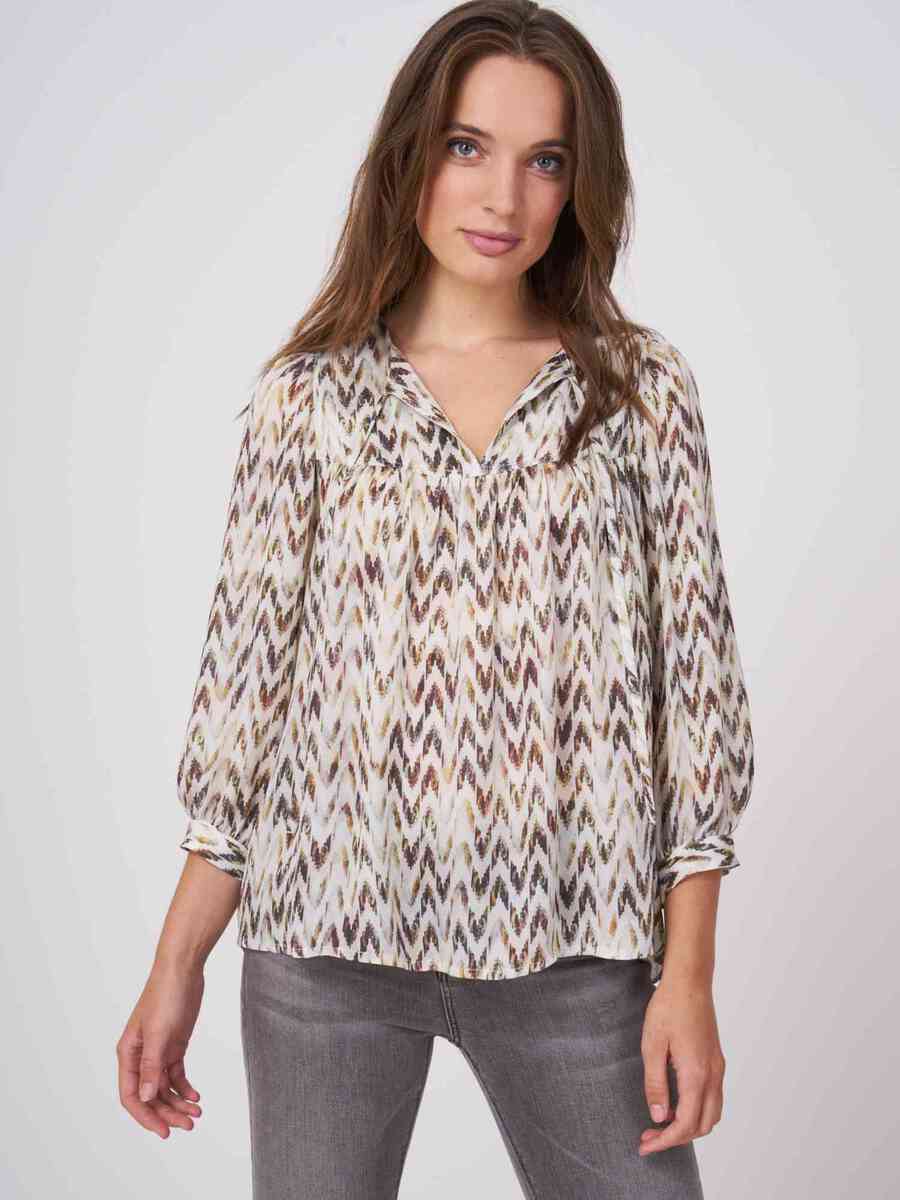 Silk puff sleeve blouse with herringbone print in watercolor