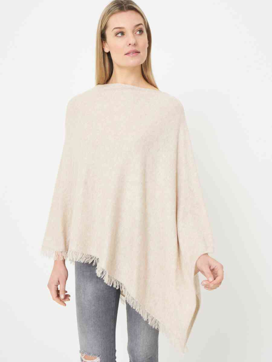 Cotton blend poncho with fine fringes image number 0