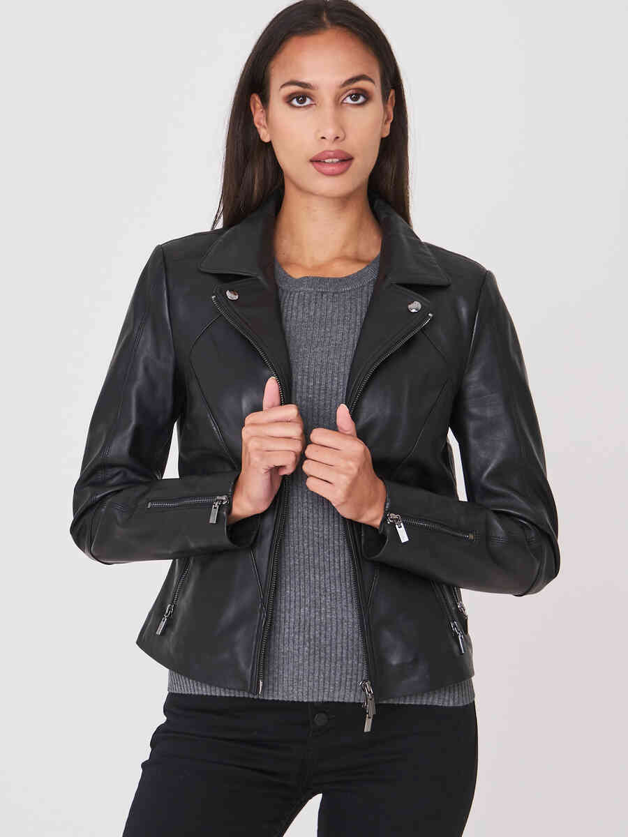 Women's leather biker jacket image number 0
