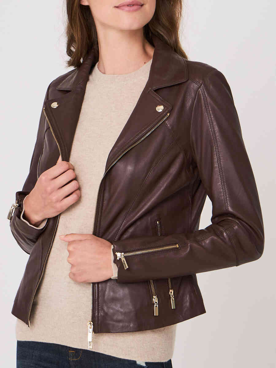 Women's leather biker jacket image number 2