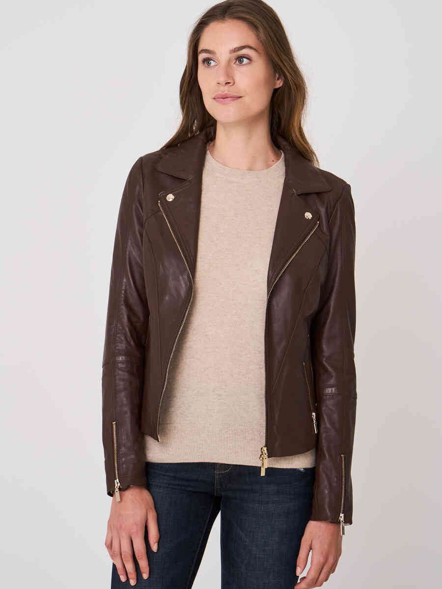 Women's leather biker jacket image number 3