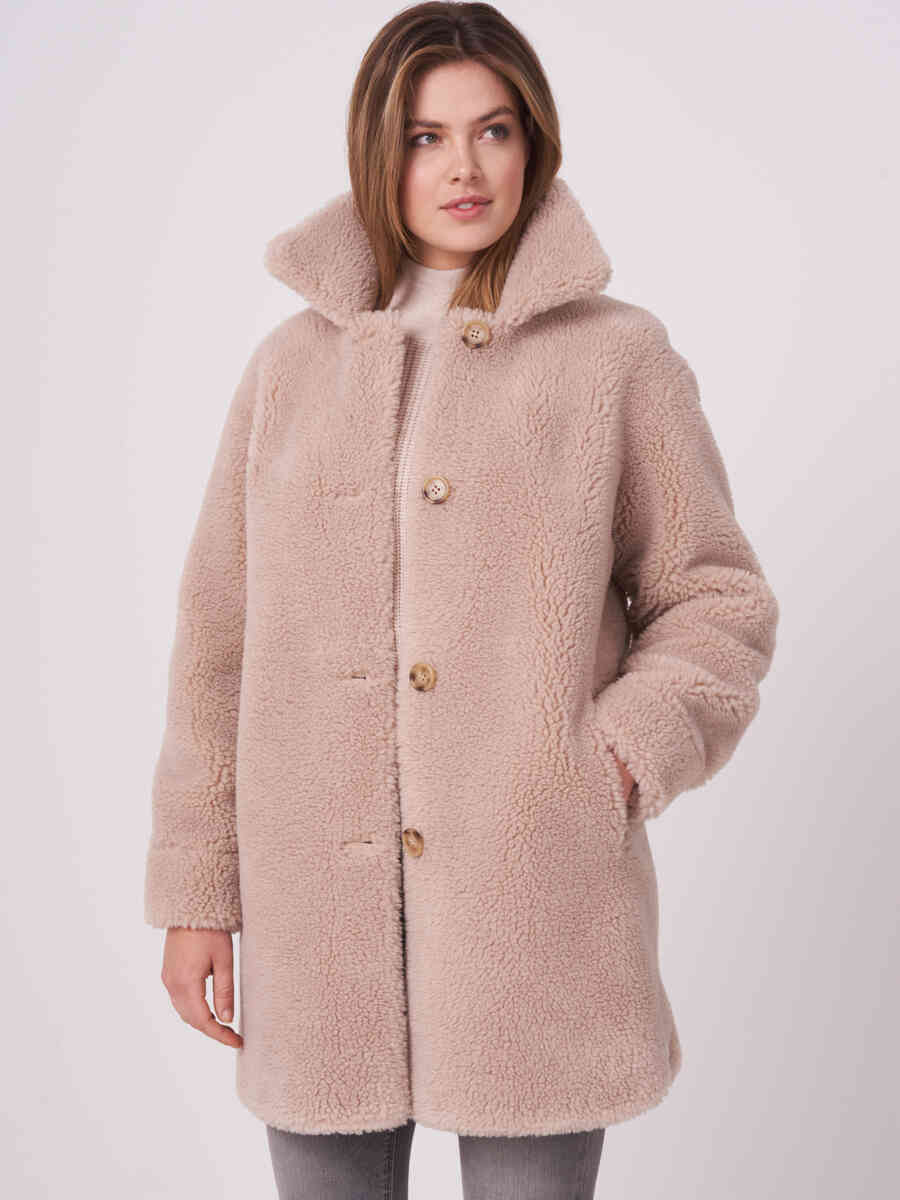 Mid length reversible vegan teddy wool coat