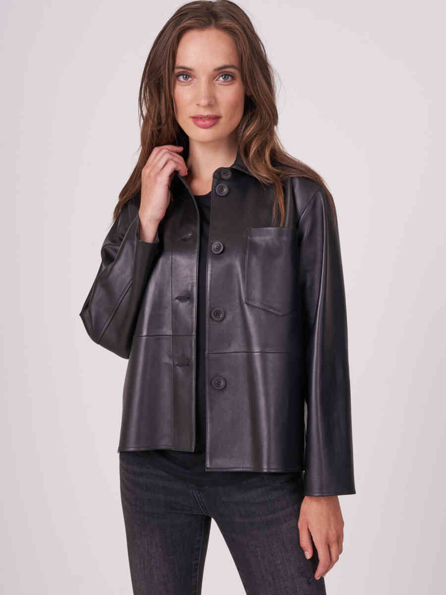 Loose fit leather shirt jacket