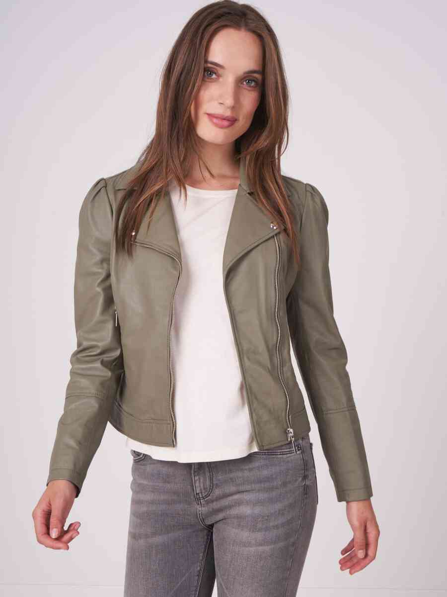 Leather biker jacket with puff shoulders image number 2