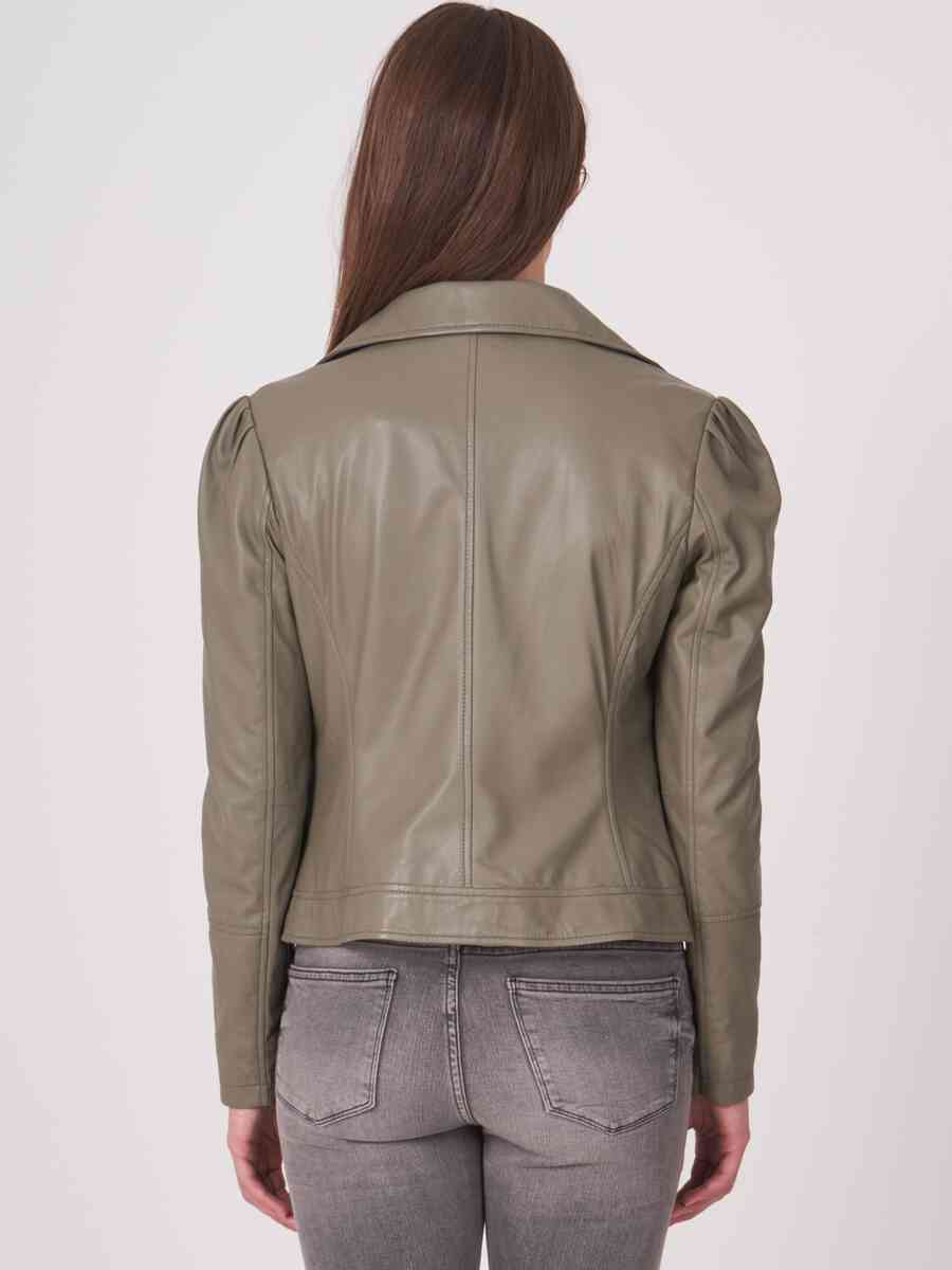 Leather biker jacket with puff shoulders image number 4