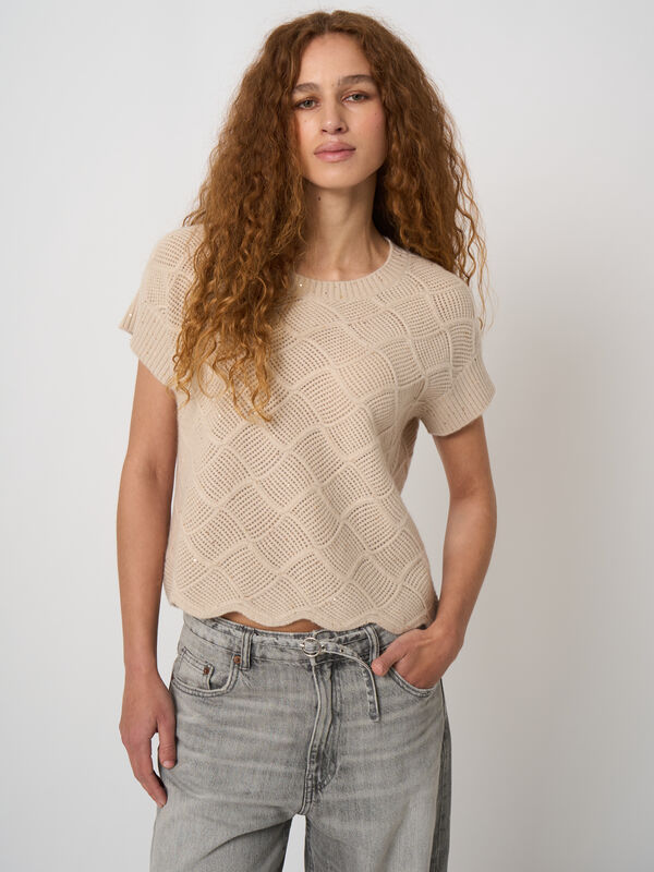 Kurzarm-Kaschmirpullover mit Pointelle-Lochmuster
