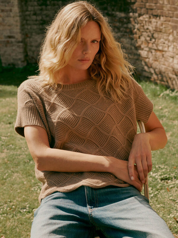Kurzarm-Kaschmirpullover mit Pointelle-Lochmuster