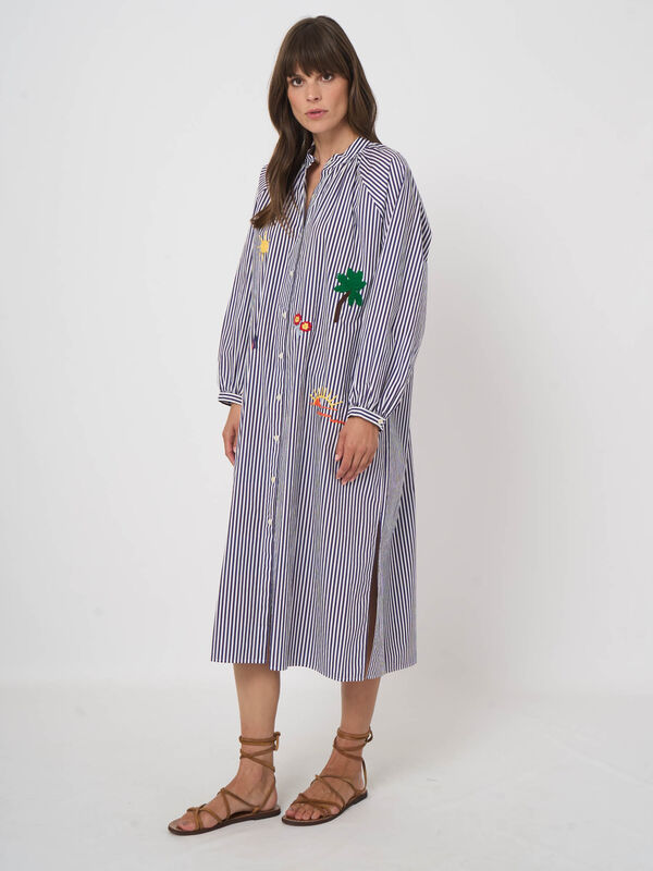 Damen Midikleid aus Baumwolle mit Streifen & Stickerei