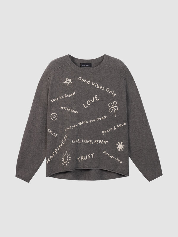 Wool-Cashmere Sweater with Word Embroidery