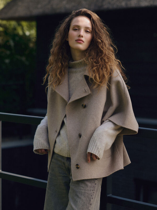 Wool-Blend Poncho Jacket with Lapel Collar