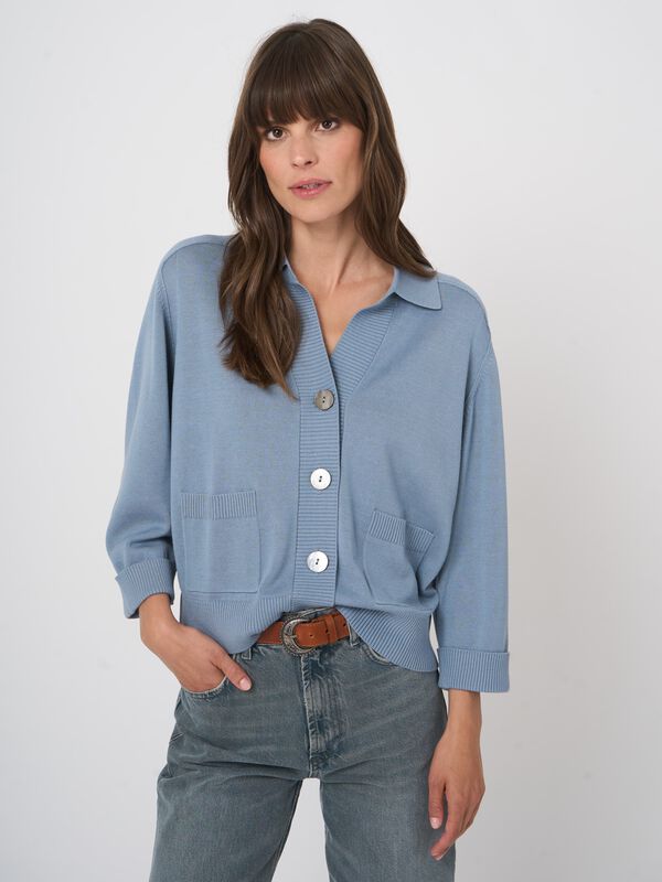 Polo-neck cotton-viscose cardigan