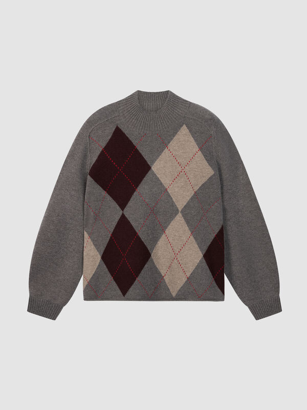 Wool-Cashmere Argyle Intarsia Sweater with Stand Collar