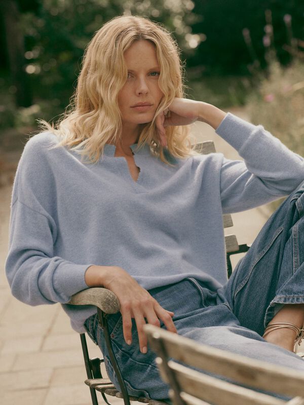 Cashmere sweater with slit neckline