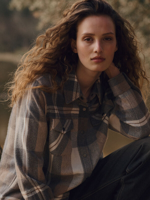 Woven Cashmere-Wool Checked Overshirt Jacket