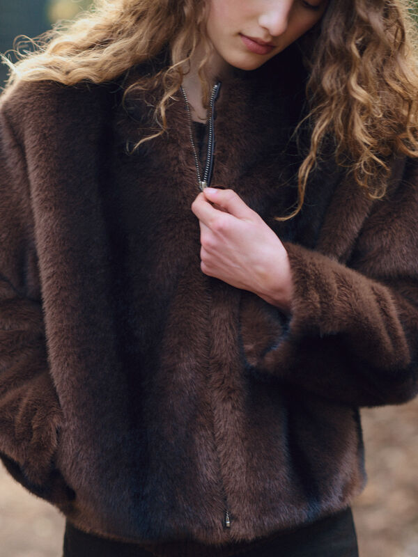Soft Faux-Fur Jacket with Round Neckline