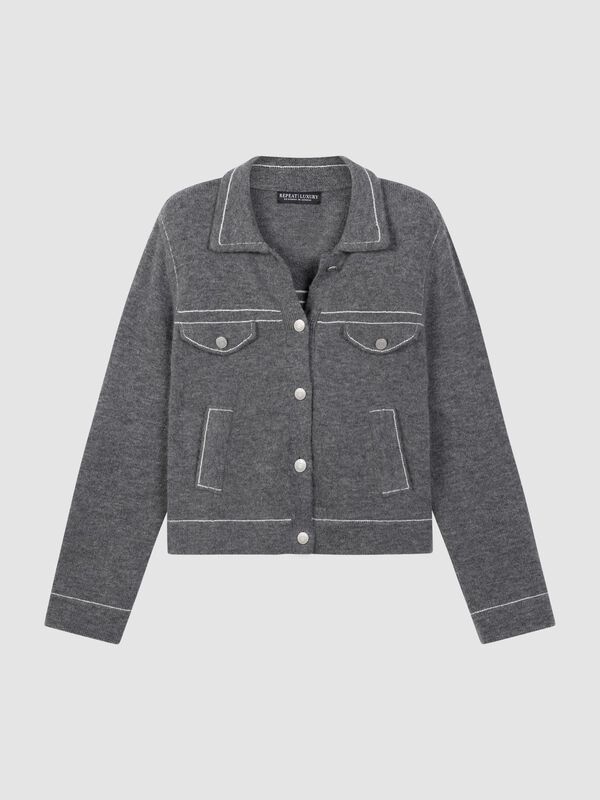 Cashmere-Wool Boucl&eacute; Polo Cardigan with Contrast Stitching