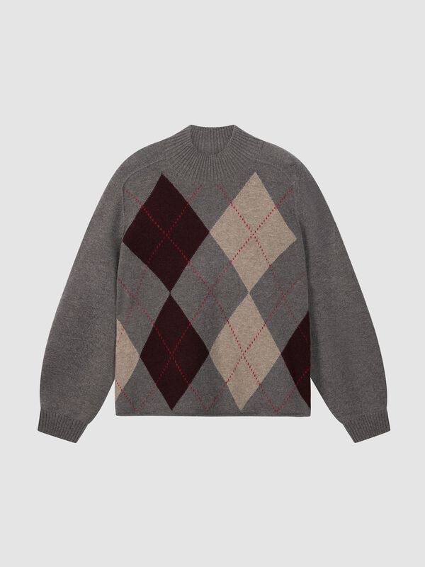 Wool-Cashmere Argyle Intarsia Sweater with Stand Collar