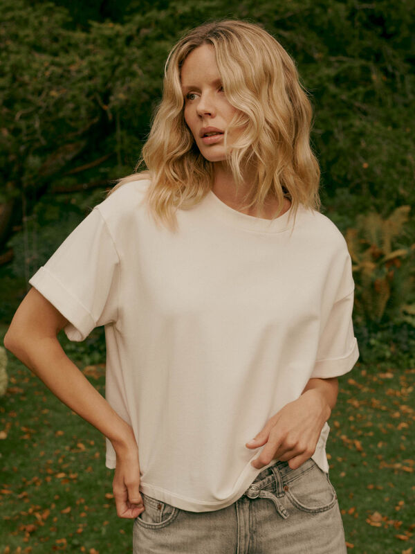 French Terry boxy T‑shirt met omgeslagen mouwen