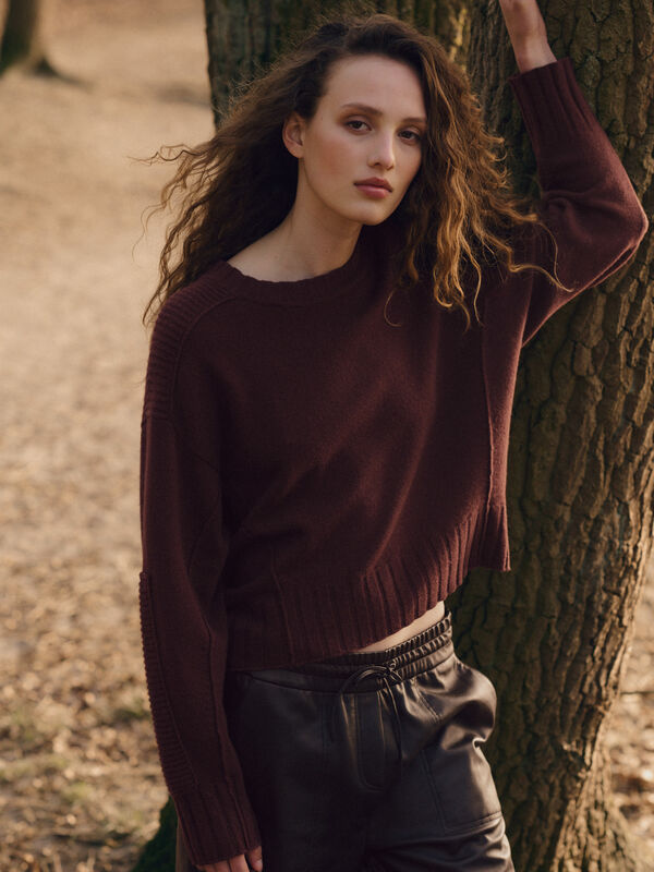 Wool-Cashmere Batwing Sweater with Ribbed Round Neckline