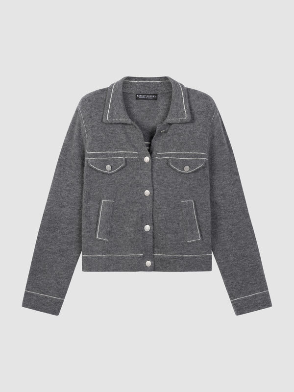Cashmere-Wool Boucl&eacute; Polo Cardigan with Contrast Stitching