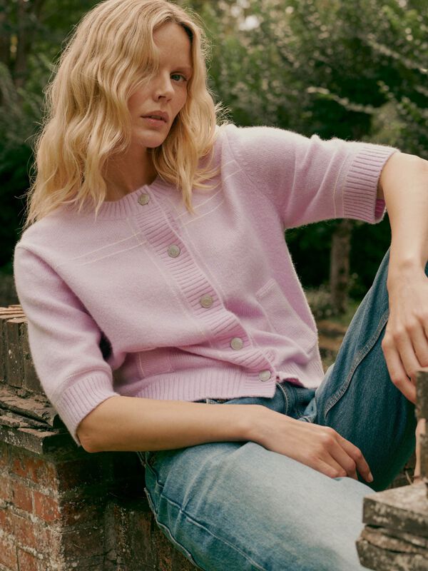 Fluffy Cashmere Blend Cardigan with Contrast Stitching