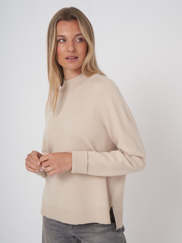 Stand collar terry knit cashmere blend pullover