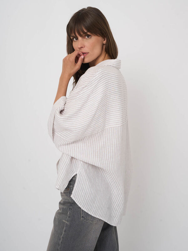 Women&rsquo;s striped pure linen batwing blouse